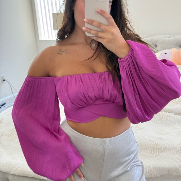 Pink Ruched Off-Shoulder Crop Blouse - Picture 1 of 4
